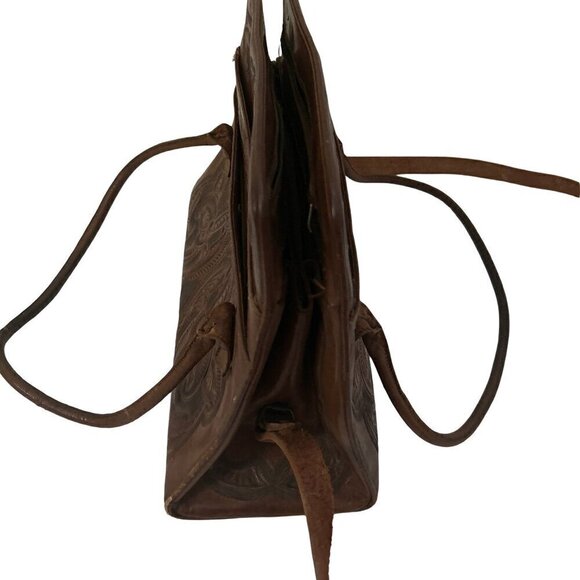 Rare Western Vintage1970 Mexican Tooled Brown Leather Shoulder Bag Tote … - Picture 8 of 11